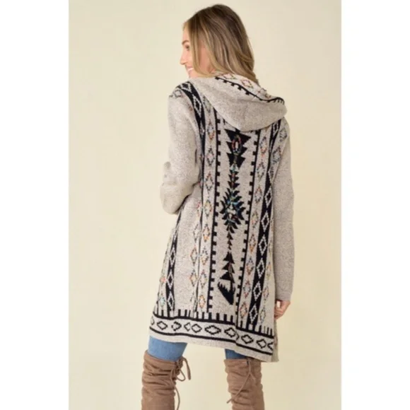 Oatmeal Aztec Rainbow Western Hooded Knit Cardigan Long Sleeve Open Sweater - Picture 13 of 14